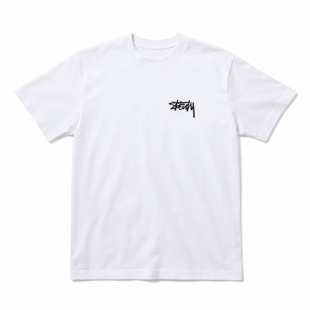 White t-shirt with Stouty black logo on a white background
