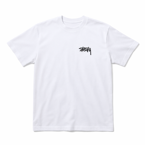 White t-shirt with Stouty black logo on a white background